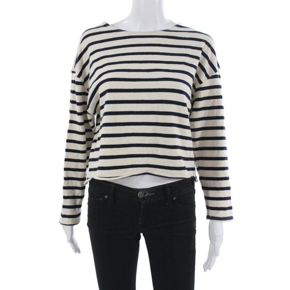 Perfect White Tee Womens Cropped Striped Nautical Long Sleeve T-Shirt Size XS